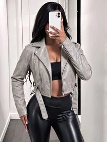 BamGleam 女款復古皮革短夾克，大翻領、拉鍊與腰帶設計 - 淺灰色 - 查看 6