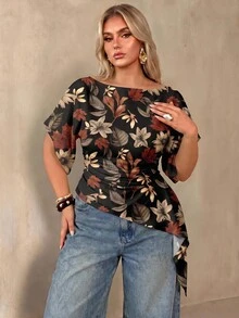 Auralis Plus Size Women's Short Sleeve Floral Leaf Pattern Ruched Asymmetrical Hem Fashion T-Shirt - Suitable For Casual, Daily And Office Wear - Multicolor - View 5