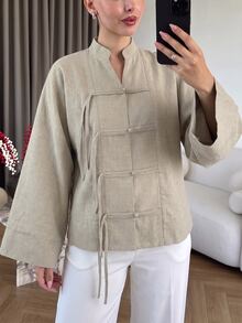 Modelyn Plus Size Loose Fit Two-Tone Plain Fabric Shirt With Front Button Design, Casual Style, Suitable For Spring And Autumn Daily Wear - Apricot - View 4