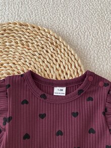 SHEIN 新生兒秋冬酒紅色軟萌風愛心印花黑色蝴蝶結裝飾針織長袖套頭上衣搭配黑色蝴蝶結裝飾修身棉混紡長褲 2件套，適合外出、休閒、運動、聖誕派對 - 彩色 - 查看 7