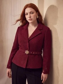 MOTF PREMIUM PLUS SIZE WOMEN'S METAL DECOR CASUAL VERSATILE COMMUTE TRAVEL BLAZER - Red - View 6