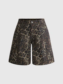 ROMWE Y2K Street Style Casual Versatile Millennium Leopard Print Back Embroidered Cursive Letter Design Loose Fit Plus Size 5-Inch Denim Shorts - Blue - View 2