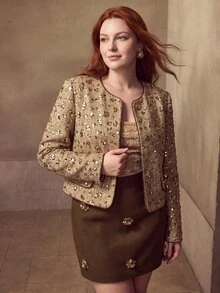 MOTF PREMIUM PLUS SIZE SEQUIN CASUAL VERSATILE DAILY WEAR LONG SLEEVE JACKET - Gold - View 1