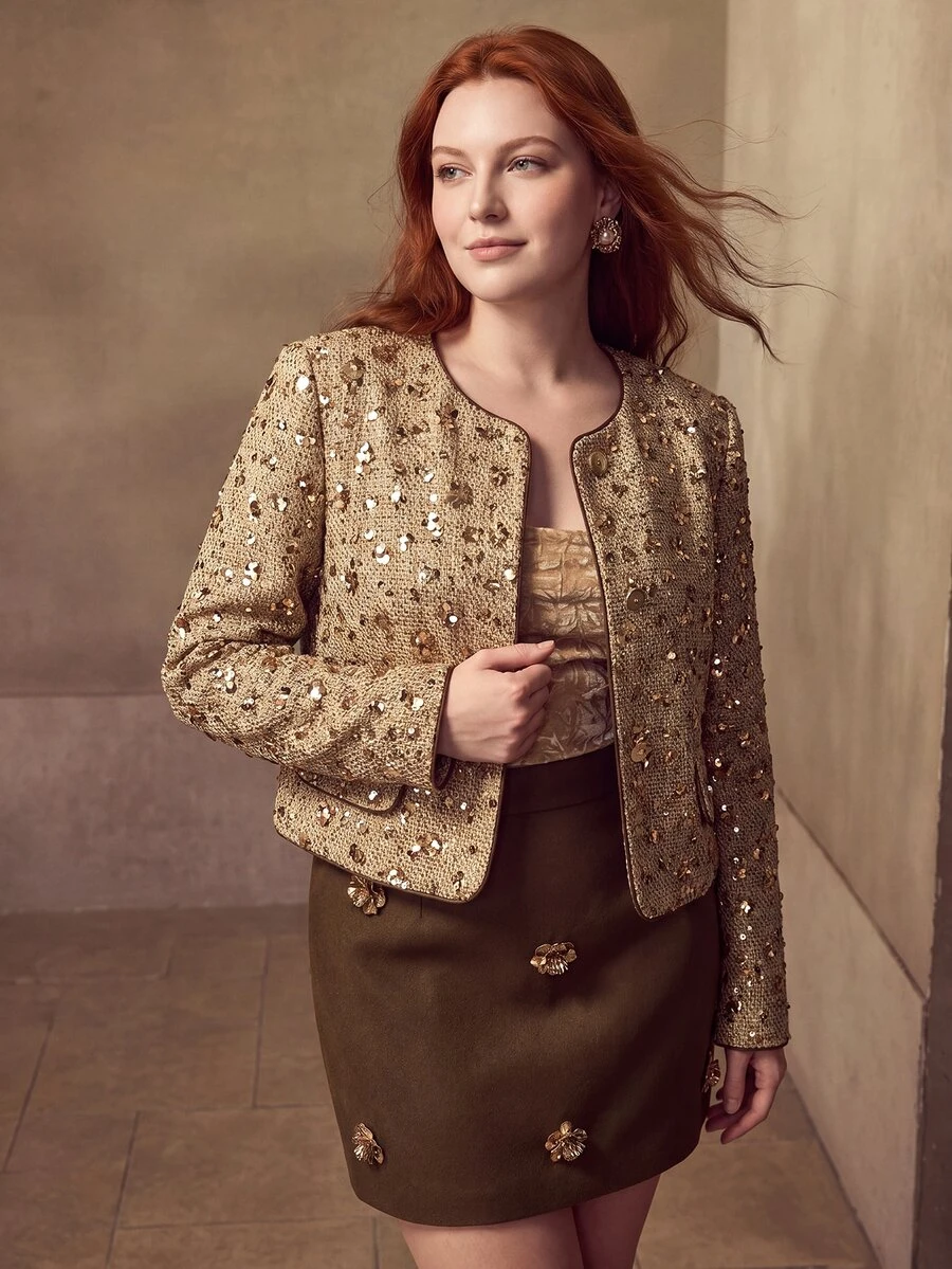 MOTF PREMIUM PLUS SIZE SEQUIN CASUAL VERSATILE DAILY WEAR LONG SLEEVE JACKET - Gold - View 1