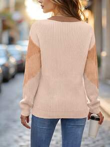 SHEIN 女款秋冬時尚對比色圓領收口長袖套頭毛衣，適合日常通勤、度假、約會、聚會、休閒、購物 - 彩色 - 查看 2