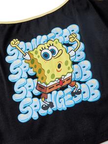 SpongeBob SquarePants | ROMWE ملابس علوية كاميسول بدون أكمام بطباعة كرتونية لطيفة ومضحكة مقاس كبير - الأسود - مشاهدة 3