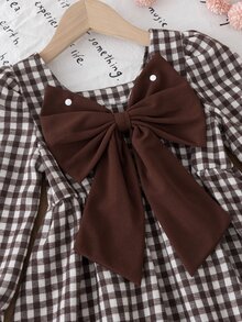 SHEIN Gaun Putri Motif Kotak-kotak Cokelat Tenun untuk Anak Perempuan dengan Gaya Minimalis, Desain Leher Persegi Depan-Belakang - Coklat - View 7