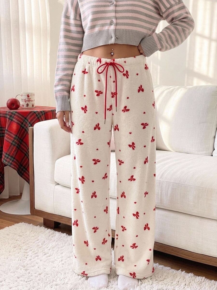 Comfortcana Women's Drawstring Waist Bowknot Pattern Casual Daily Long Pants - Red and White - View 1