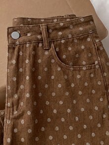 Comfortcana 女款休閒日常牛仔褲，附口袋、鈕扣與波點圖案 - 棕色 - 查看 4