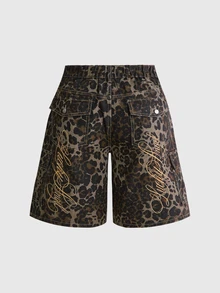 ROMWE Y2K Street Style Casual Versatile Millennium Leopard Print Back Embroidered Cursive Letter Design Loose Fit Plus Size 5-Inch Denim Shorts - Blue - View 1