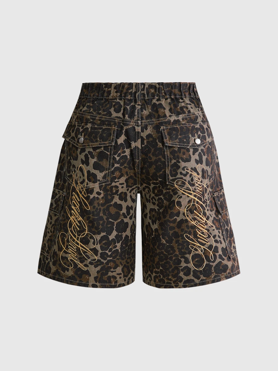 ROMWE Y2K Street Style Casual Versatile Millennium Leopard Print Back Embroidered Cursive Letter Design Loose Fit Plus Size 5-Inch Denim Shorts - Blue - View 1