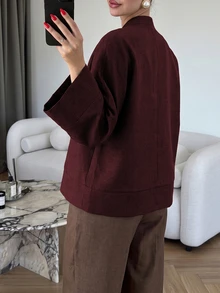 Modelyn Plus Size Loose Fit Two-Tone Plain Fabric Shirt With Front Button Design, Casual Style, Suitable For Spring And Autumn Daily Wear - Burgundy - View 2