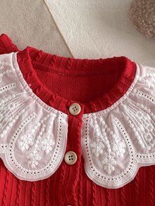 SHEIN 2件組幼女針織開襟衫長褲套裝，甜美紅色麻花編織蕾絲領娃娃領長袖，休閒版型，秋季節日公主風舒適鈕扣款 - 紅色 - 查看 8