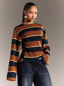 Denimoi Zipper Back Long Sleeve Stripe Top Fashion Tops Casual Fashionable Streetwear Cold Weather - Multicolor - View 3