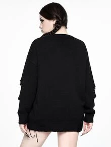 ROMWE Dark Gothic Vintage Cat Versatile Casual Loose Distressed Design Plus Size Pullover Sweater For Women Fall Winter - Black - View 6