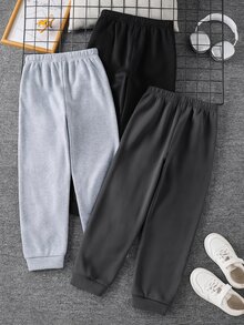 SHEIN 3件組兒童青少年男孩休閒多功能運動長褲，麻灰運動長褲、深灰運動長褲、黑色運動長褲，感溫內裡加厚，適合通勤、上學、日常休閒、戶外運動，秋冬款 - 彩色 - 查看 3