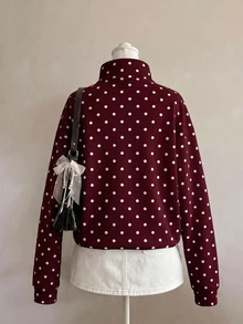 Attitoon 女款寬鬆版型小高領長袖運動衫，酒紅與白色波點印花，休閒簡約百搭 Y2K 上衣，適合派對、機場、秋冬、外出與約會 - 彩色 - 查看 2