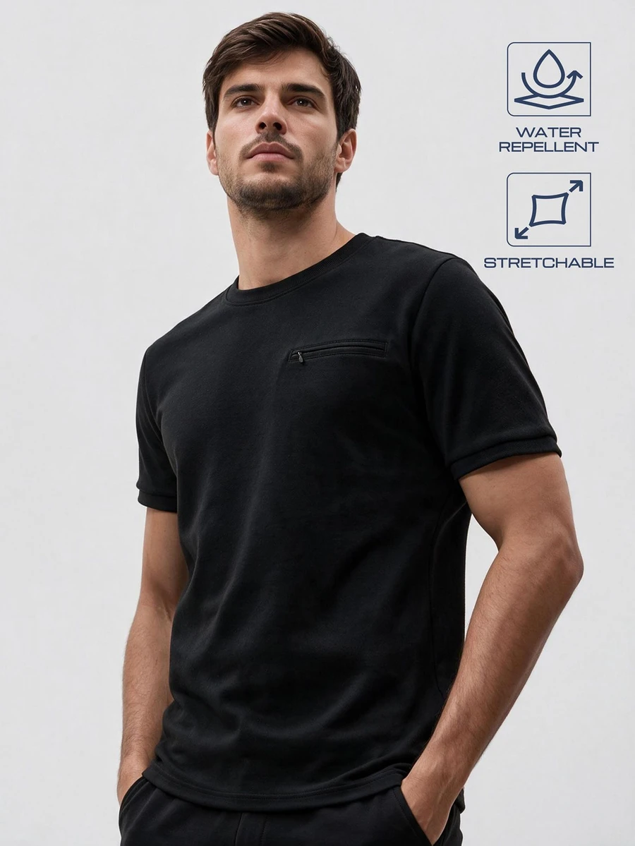 TekDrob Water Repellent Pique T-Shirt With Regular Fit And Zippered Welt Chest Pocket - Black - View 1