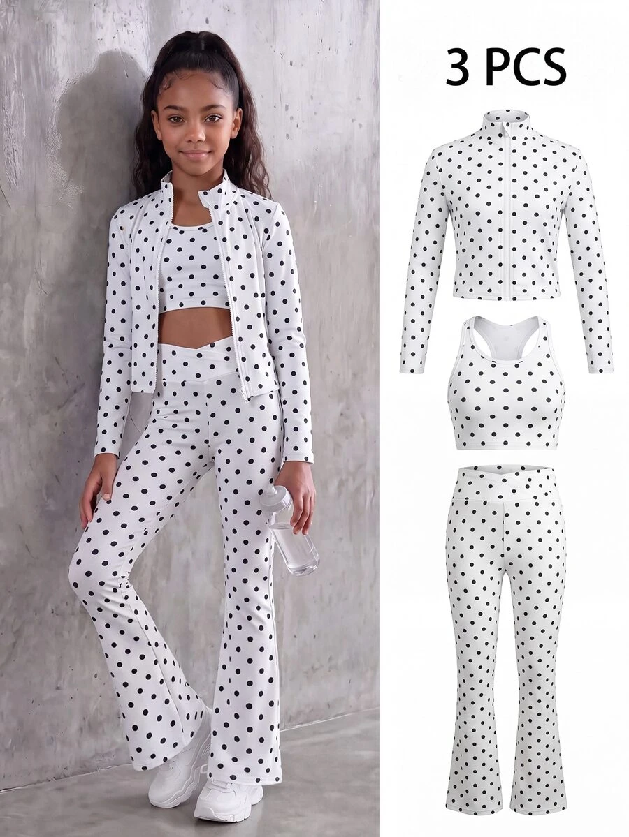 SHEIN طقم رياضي للبنات المراهقات بطبعة نقاط، جاكيت بأكمام طويلة وسحاب، توب بدون أكمام وسروال ضيق - أبيض - مشاهدة 1