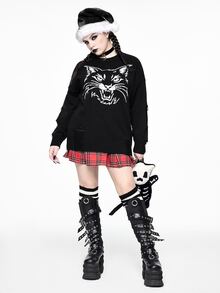 ROMWE Dark Gothic Vintage Cat Versatile Casual Loose Distressed Design Plus Size Pullover Sweater For Women Fall Winter - Black - View 3