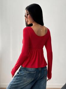 SHEIN EZwear 女款軍綠色前扣長袖休閒襯衫，適合秋冬 - 紅色 - 查看 2