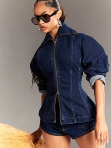 Denimoi Women's Zipper Casual Versatile Daily Denim Jacket - Dark Wash - View 1