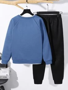 SHEIN 兒童青少年男孩休閒兩件套運動衫與運動長褲，藍色運動衫套裝，基礎上衣，適合秋冬/冬季，秋季穿搭，冬季穿搭 - 藍色 - 查看 2