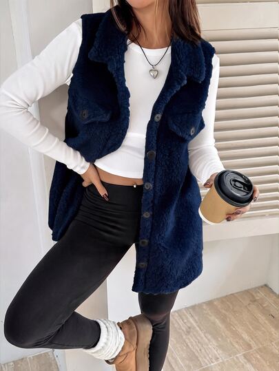 SHEIN EZwear معطف تيدي من الفلانيل البني بطول الفخذ للنساء يتميز بياقة وتصميم مريح في الخريف/الشتاء