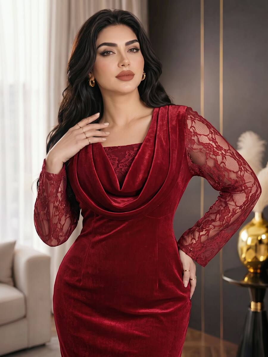 Modelyn Plus Size Women's Lace Patchwork Elegant Waist-Cinched Party Dress - Burgundy - View 1