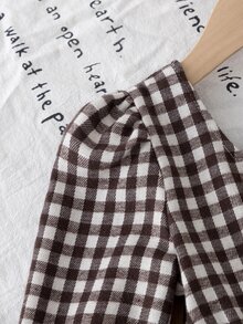 SHEIN Gaun Putri Motif Kotak-kotak Cokelat Tenun untuk Anak Perempuan dengan Gaya Minimalis, Desain Leher Persegi Depan-Belakang - Coklat - View 3