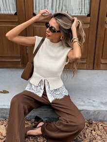 Serisse Women Fall/Winter High Neck Sweater Slim Fit Layered Lace Ruffle Hem Split Hem Knit Top Chic Autumn Going Out Layering Pullover - Apricot - View 3
