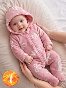 SHEIN Vintaside Kids 1件女嬰連帽連身連腳褲，可愛甜美粉白毛絨加厚長袖蝴蝶結印花公主款，冬季節日拉鍊式 - 粉色 - 查看 8