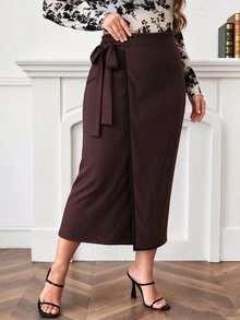 Lacomfia Brown Plus Size Bodycon Asymmetrical Design Minimalist Commuter Fashion Luxury Elegant Skirt - Brown - View 3