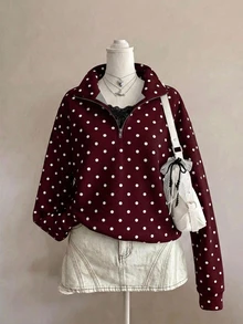 Attitoon 女款寬鬆版型小高領長袖運動衫，酒紅與白色波點印花，休閒簡約百搭 Y2K 上衣，適合派對、機場、秋冬、外出與約會 - 彩色 - 查看 1