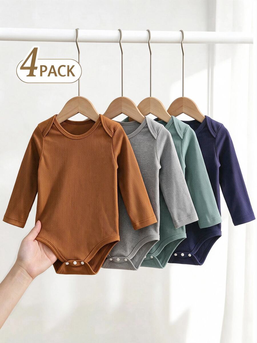 SHEIN Baby Boys 4 Pack Solid Ribbed Long Sleeve Bodysuits Round Neck Crotch Snap Soft Stretchy Knit Fabric Multi Color Casual Daily Outfits ForSpring Autumn - Multicolor - View 1