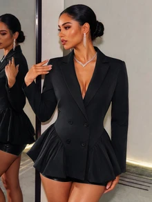 Mistrie Women's Solid Color Pleated Fashion Versatile Commute & Travel Blazer Jacket - Black - View 5