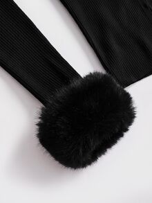 Sweetness Pink Sweet Fur Collar Patchwork Ribbed Knit Waist-Cinching Women's Cardigan - Black - View 4
