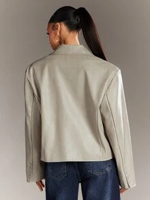 Denimoi Women's Streetwear Button Long Sleeve PU Material Blazer - Grey - View 5