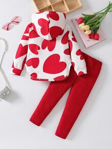 SHEIN Playful Pals 女童愛心印花連帽上衣與羅紋內搭褲2件套，甜美愛心印花休閒日常穿搭 - 紅色 - 查看 2