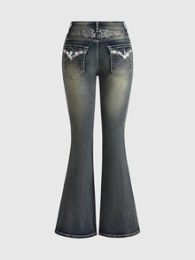 ROMWE Goth Women's Casual Daily Flare Jeans With Pockets And Buttons - Medium Wash - View 2