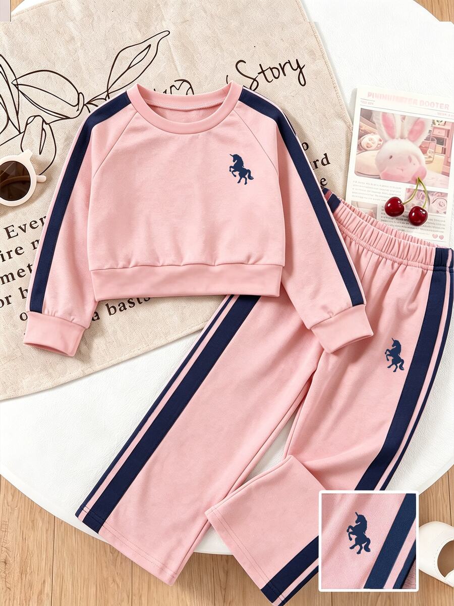 Casuvi Kids Girls Spring/Autumn Long Sleeve Long Pants Sports Bow Ribbon Knit Sweatshirt 2 Pieces Set - Pink - View 1