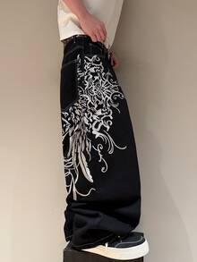 STEELVANCE 街頭風復古時尚百搭做舊水洗刺繡設計寬鬆直筒寬腿休閒日常大尺碼牛仔褲（不含腰帶與配件） - 黑色 - 查看 5
