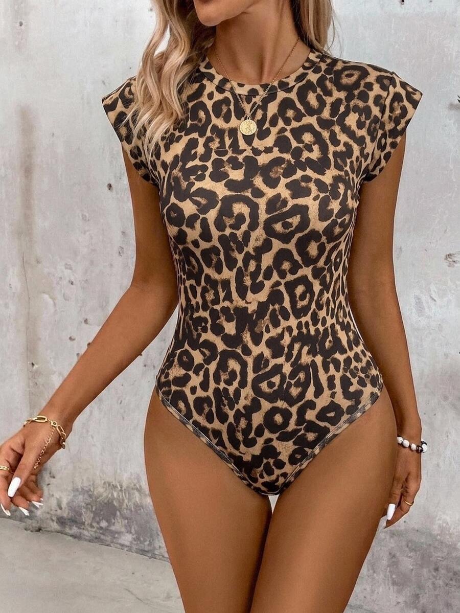 SHEIN LUNE Women's Casual Minimalist Leopard Print Bodysuit, Suitable For Spring & Summer Beach Wear Suitable For Going Out,Casual - Brown - View 1