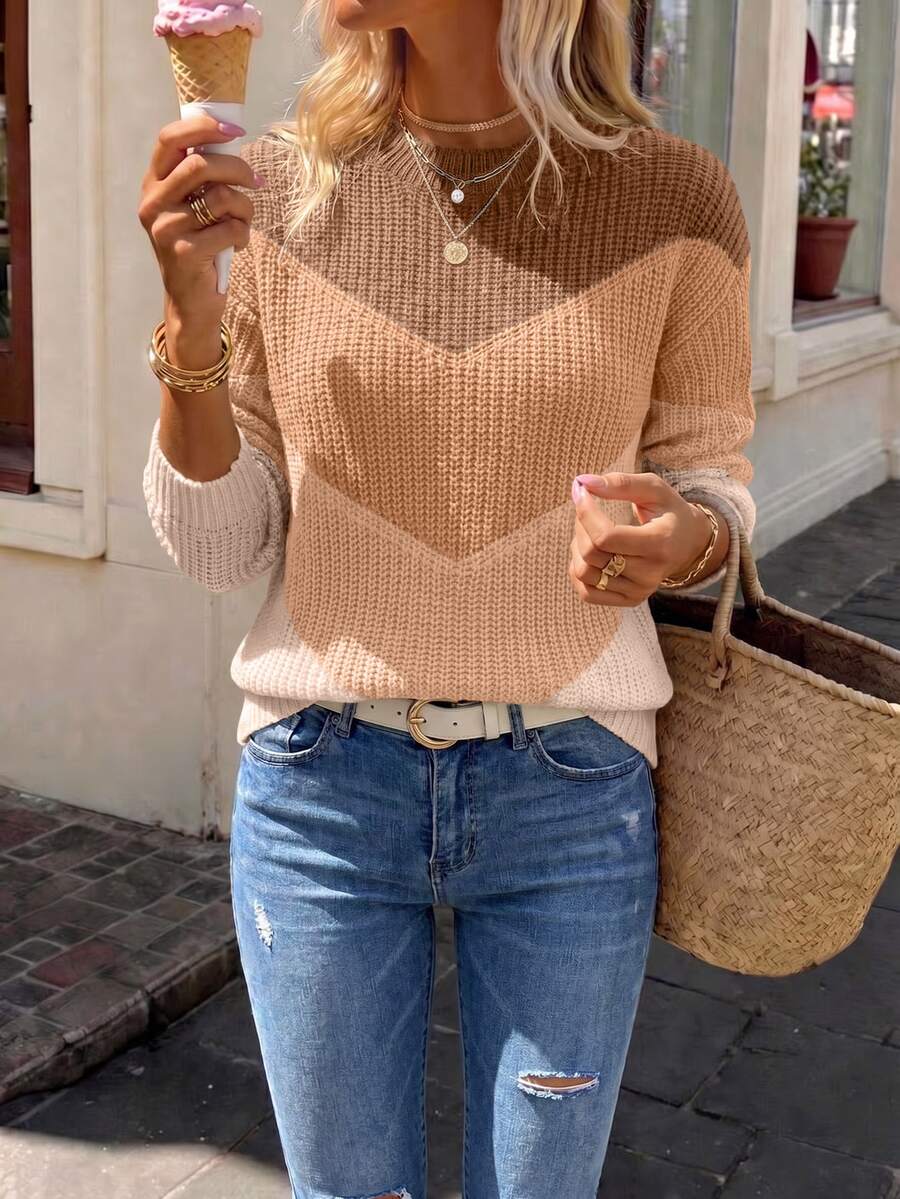SHEIN 女款秋冬時尚對比色圓領收口長袖套頭毛衣,適合日常通勤、度假、約會、聚會、休閒、購物 - 彩色 - 查看 1