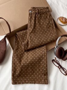 Comfortcana 女款休閒日常牛仔褲，附口袋、鈕扣與波點圖案 - 棕色 - 查看 6