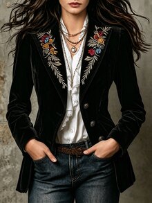 INAWLY Women's Floral Embroidered Pattern Casual Daily Long Sleeve Jacket - Brown - View 3
