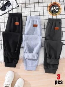 SHEIN 3件組兒童青少年男孩休閒多功能運動長褲，麻灰運動長褲、深灰運動長褲、黑色運動長褲，感溫內裡加厚，適合通勤、上學、日常休閒、戶外運動，秋冬款 - 彩色 - 查看 2