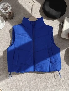 Comfortcana Winter Zip Up Double Face Snap Button Corduroy Drawstring Vest Coat - Blue - View 6
