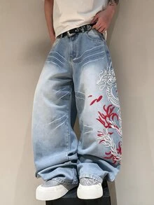 STEELVANCE 街頭風復古時尚百搭貓鬍鬚刺繡設計寬鬆直筒寬腿休閒牛仔褲 - 淺色水洗藍 - 查看 5