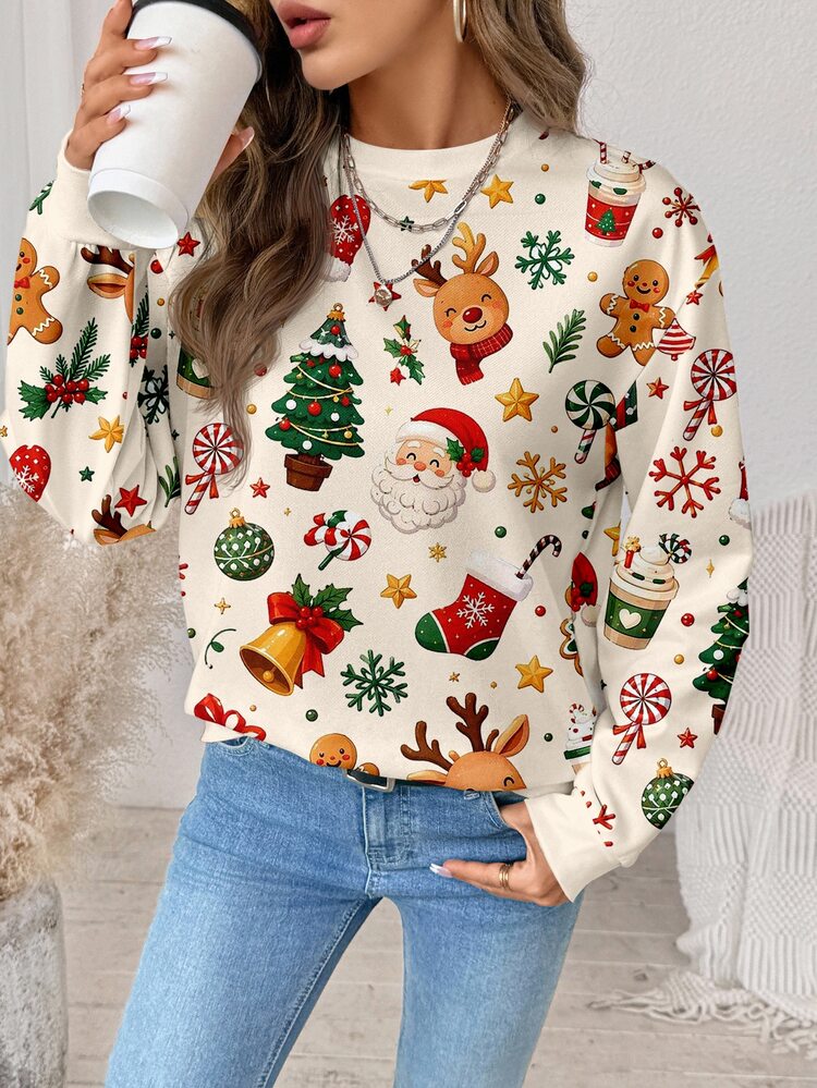 Comfylo Autumn/Winter New Year Christmas Women's Santa Claus & Christmas Tree Illustration Print Long Sleeve Crew Neck Pullover Sweatshirt (Autumn/Winter Style) Casual Minimalist Plus Size Sweatshirt - Multicolor - View 4
